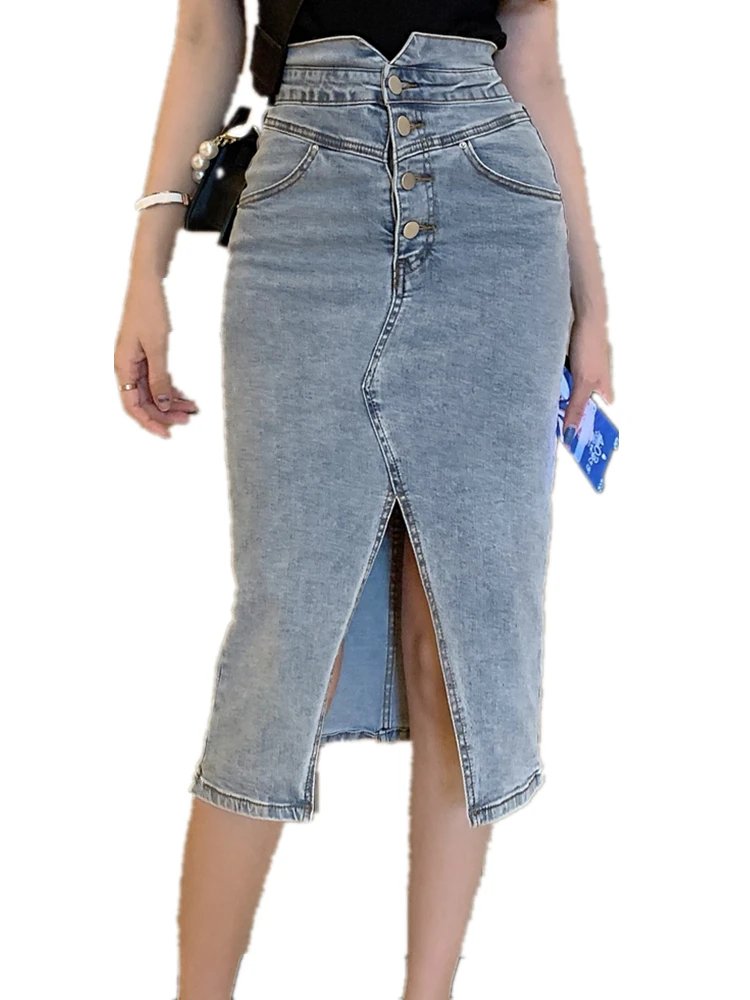 Front Split Womens Denim Wrap Skirts Buttons High Wasit Jeans Midi