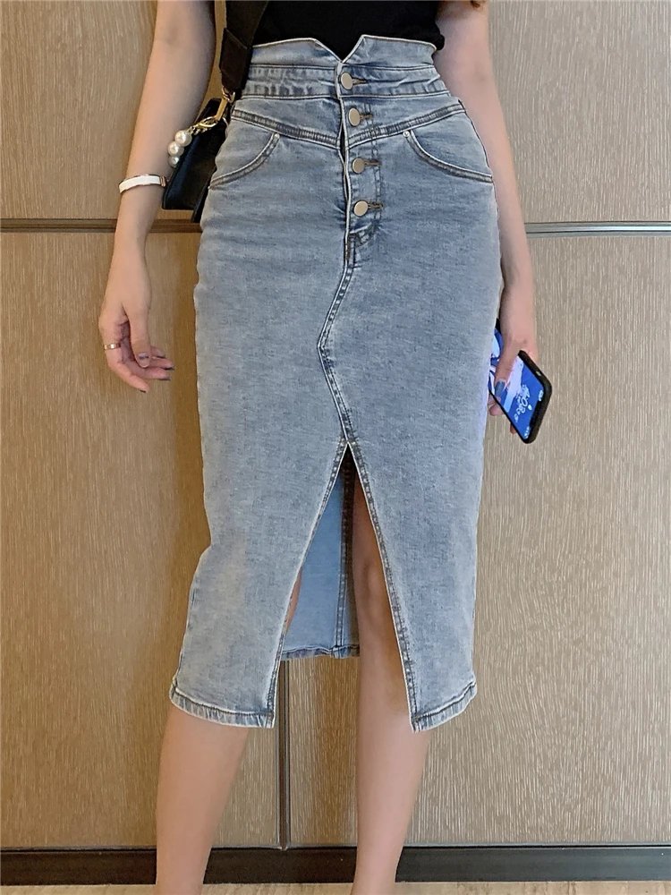 Front Split Womens Denim Wrap Skirts Buttons High Wasit Jeans Midi