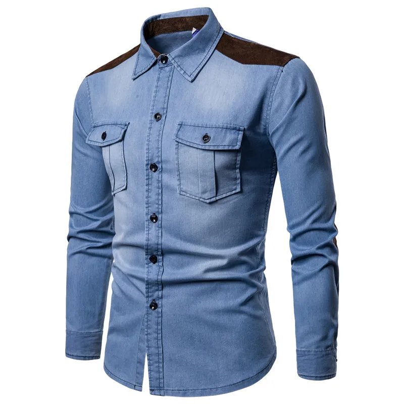 Denim Shirt Men 2018 Long Sleeve Men Casual Cotton Jeans Shirt Slim Suede Matching Mens Solid Pocket Shirts Tops Chemise Homme