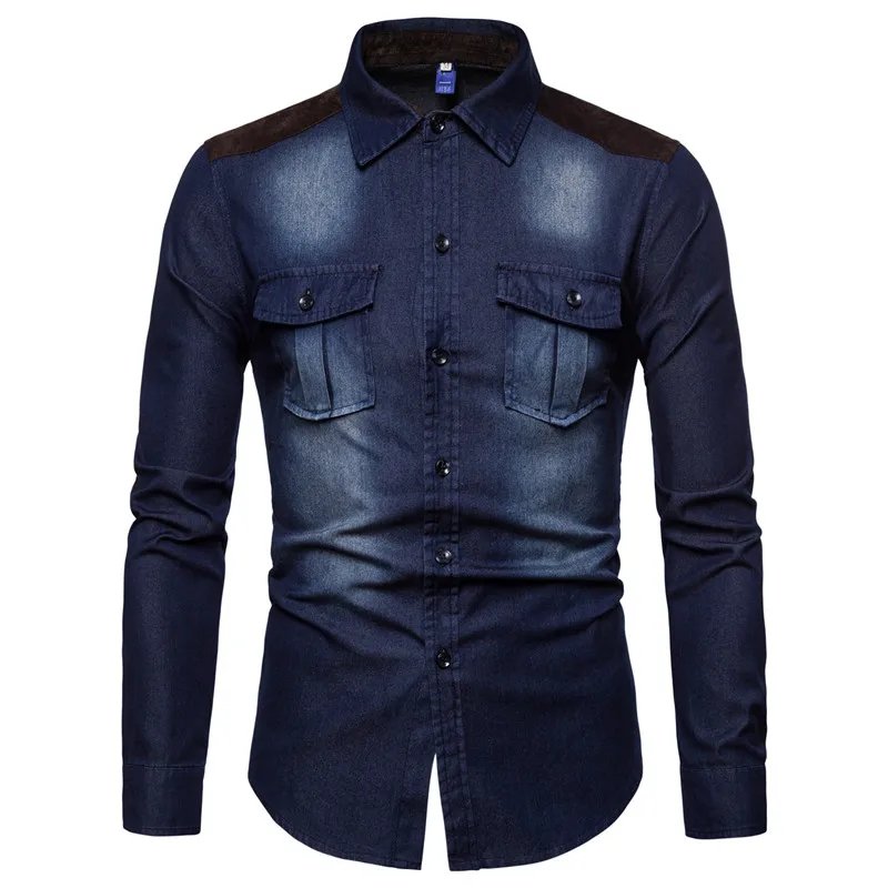 Denim Shirt Men 2018 Long Sleeve Men Casual Cotton Jeans Shirt Slim Suede Matching Mens Solid Pocket Shirts Tops Chemise Homme