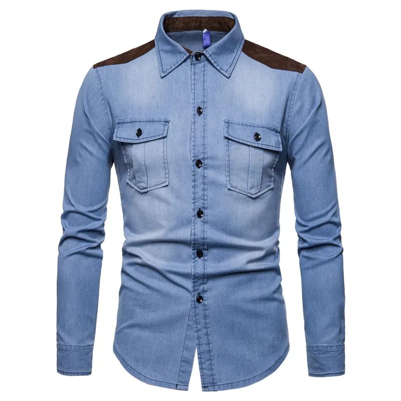 Denim Shirt Men 2018 Long Sleeve Men Casual Cotton Jeans Shirt Slim Suede Matching Mens Solid Pocket Shirts Tops Chemise Homme