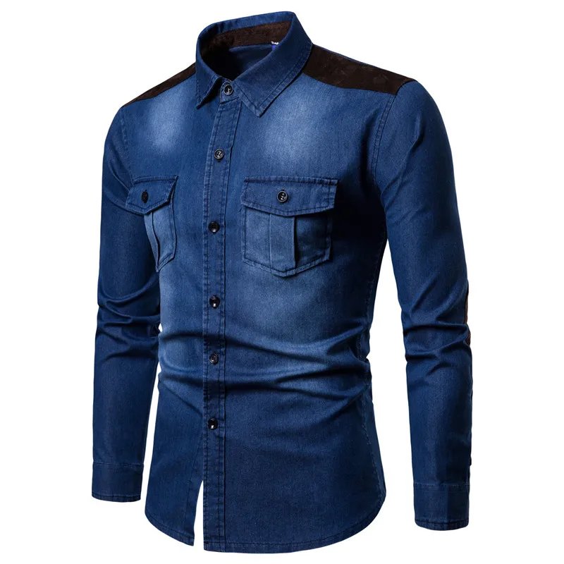 Denim Shirt Men 2018 Long Sleeve Men Casual Cotton Jeans Shirt Slim Suede Matching Mens Solid Pocket Shirts Tops Chemise Homme