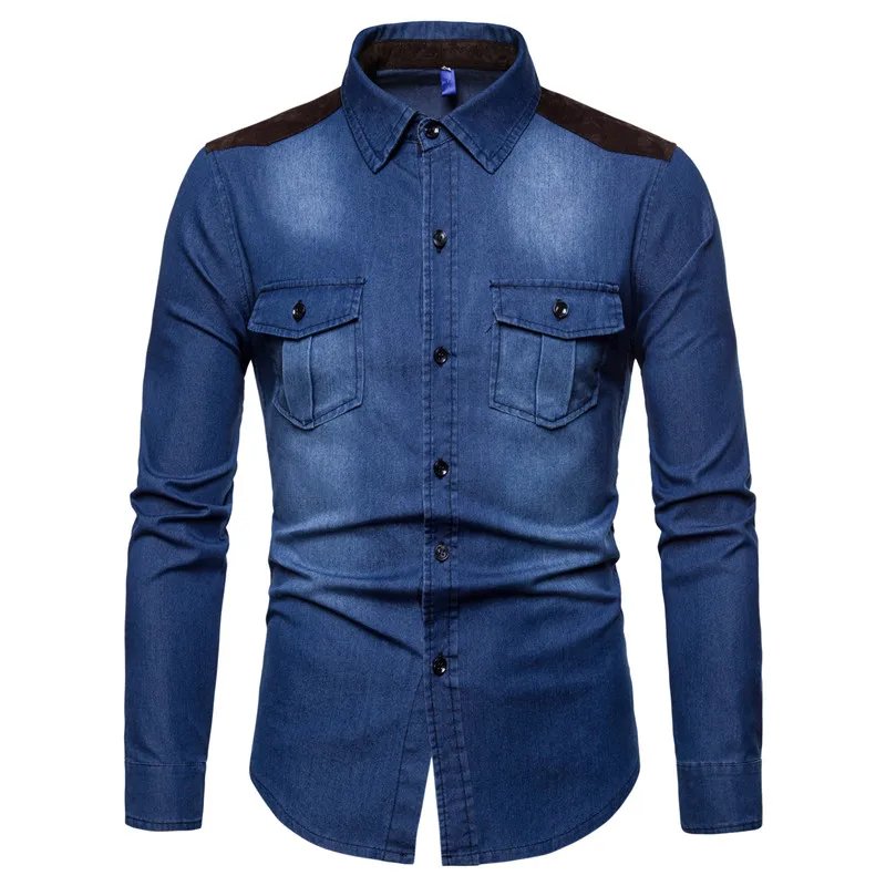 Denim Shirt Men 2018 Long Sleeve Men Casual Cotton Jeans Shirt Slim Suede Matching Mens Solid Pocket Shirts Tops Chemise Homme