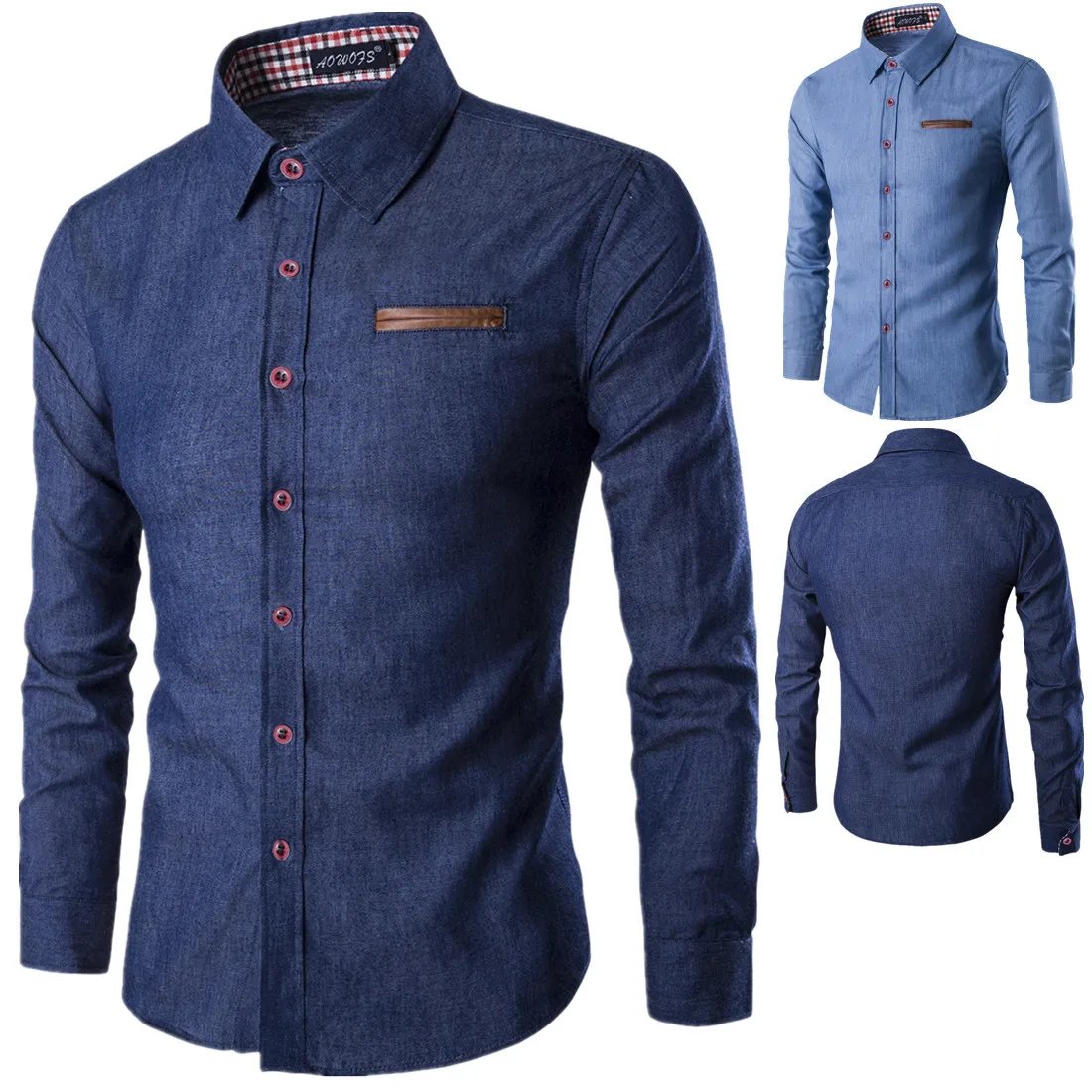 2023 Spring/Autumn Men's Casual Shirt Pocket Cotton Slim Fit Long Sleeve Denim Shirt Plaid Cuffs Men Wear Shirts for Men