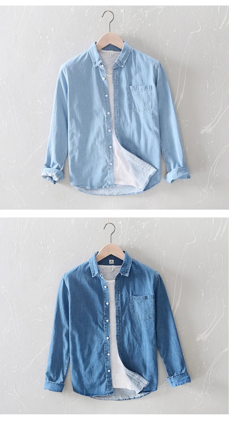 New Classic casual blue Denim shirt spring autumn Comfortable thin solid tops for men clothing long sleeve soft jeans shirts