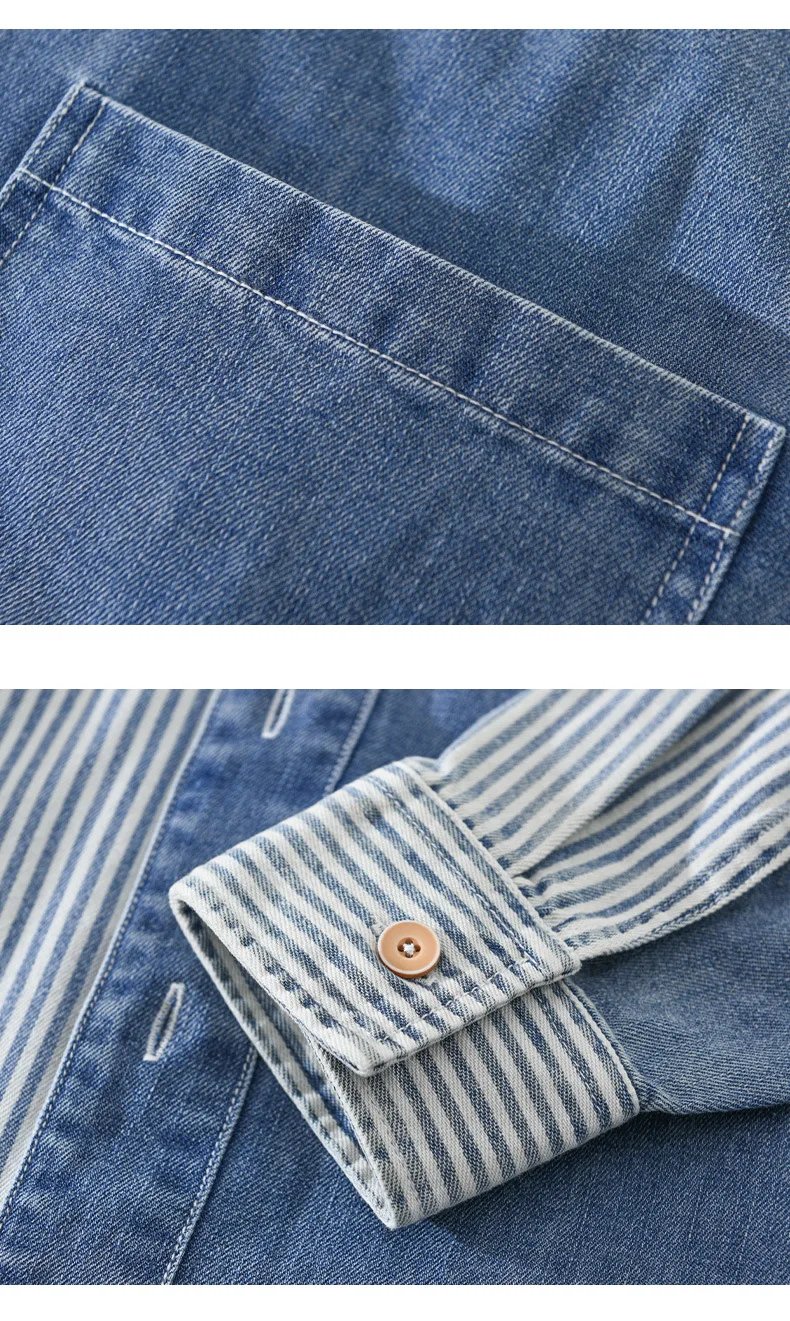 New Men's Denim Shirts Spring High Street Loose Full Sleeves Jean Tops Stripe Patchwork Designer Shirt Youth Fashion Overshirt