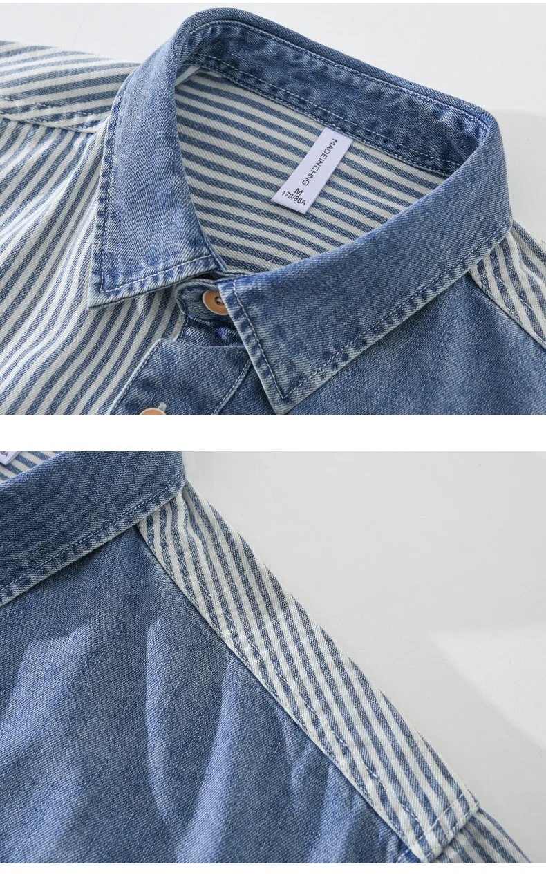 New Men's Denim Shirts Spring High Street Loose Full Sleeves Jean Tops Stripe Patchwork Designer Shirt Youth Fashion Overshirt