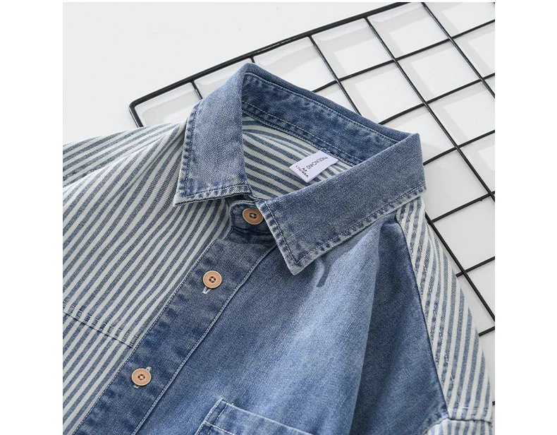 New Men's Denim Shirts Spring High Street Loose Full Sleeves Jean Tops Stripe Patchwork Designer Shirt Youth Fashion Overshirt