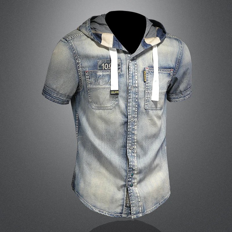 Denim Shirts Mens Short Sleeve Luxury Casual Slim Fit Jeans Washed With Hat Fashion Print Tops Shirt