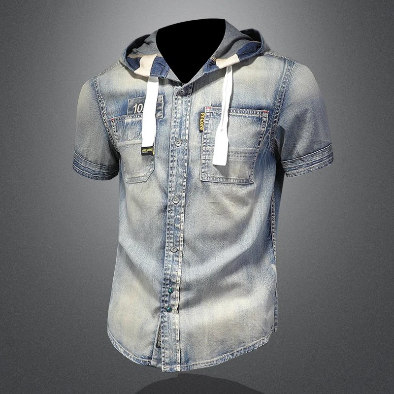 Denim Shirts Mens Short Sleeve Luxury Casual Slim Fit Jeans Washed With Hat Fashion Print Tops Shirt