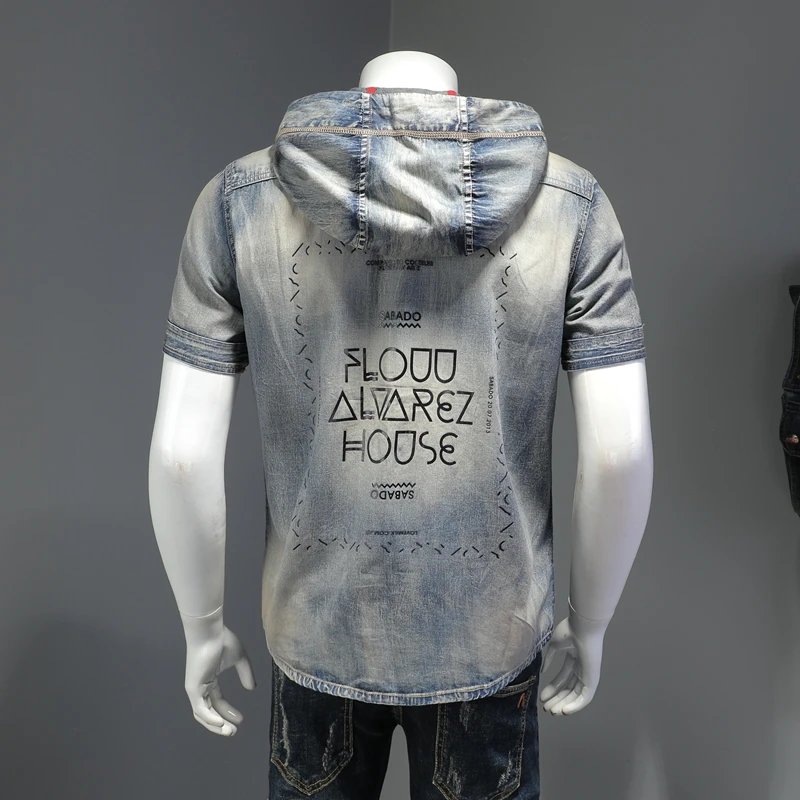 Denim Shirts Mens Short Sleeve Luxury Casual Slim Fit Jeans Washed With Hat Fashion Print Tops Shirt