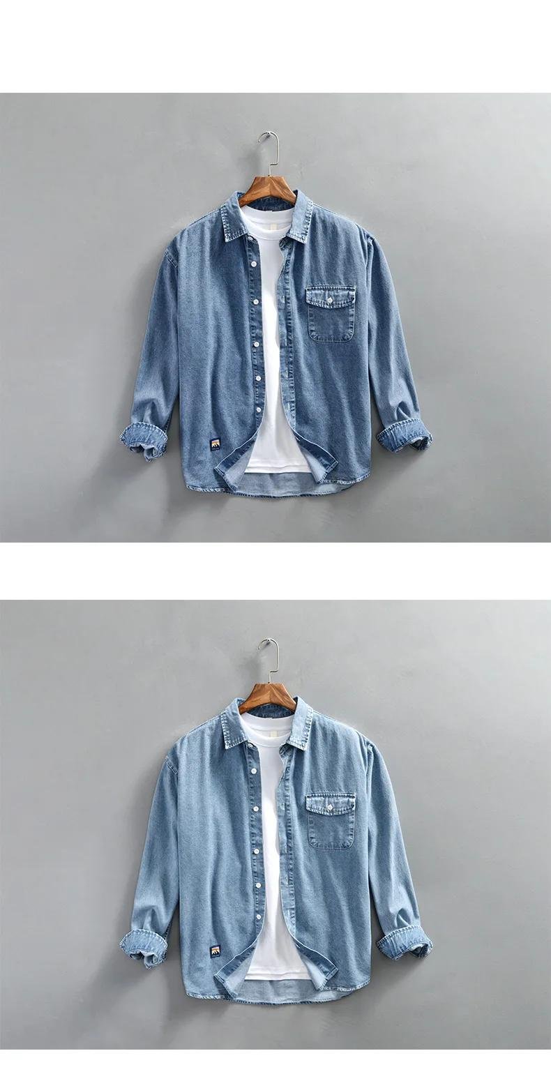 4XL Soft Washed Cotton Denim Men Shirt 2024 Spring Autumn Fashion Long Sleeve Workwear for Youth Retro Fall Male Casual Coats