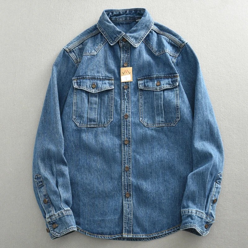 Heavyweight Retro Casual Wear Men's Shirt Coat Washed Denim Blouse Cargo Jeans Oversized Tops Wear-resistant Clothing Loose