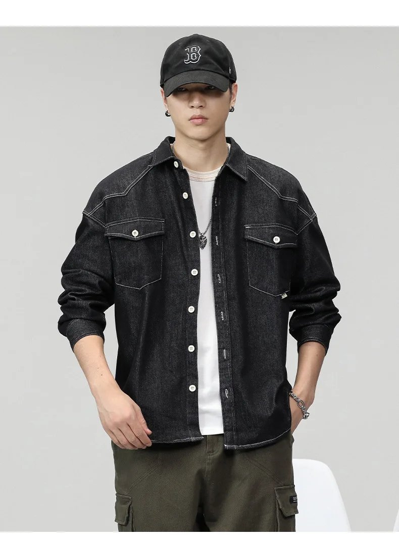Fashionable men's loose blue denim shirt Japanese large size senior sense lapel shirt coat