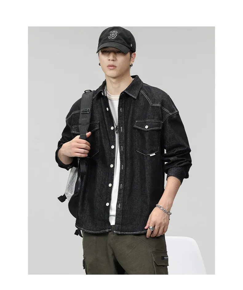 Fashionable men's loose blue denim shirt Japanese large size senior sense lapel shirt coat