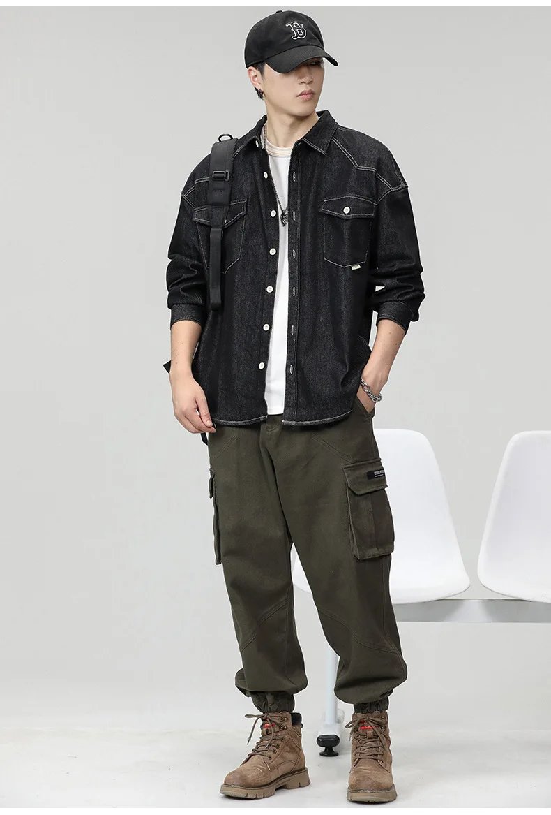 Fashionable men's loose blue denim shirt Japanese large size senior sense lapel shirt coat