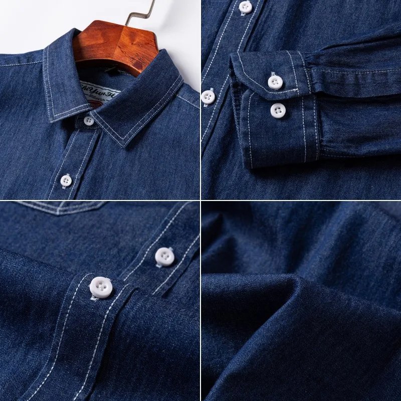 New Fashion Men's Denim Shirts Long Sleeve Elastic Cotton Pocket Solid Color Casual Quality Cowboy Slim Fit Shirts For Man