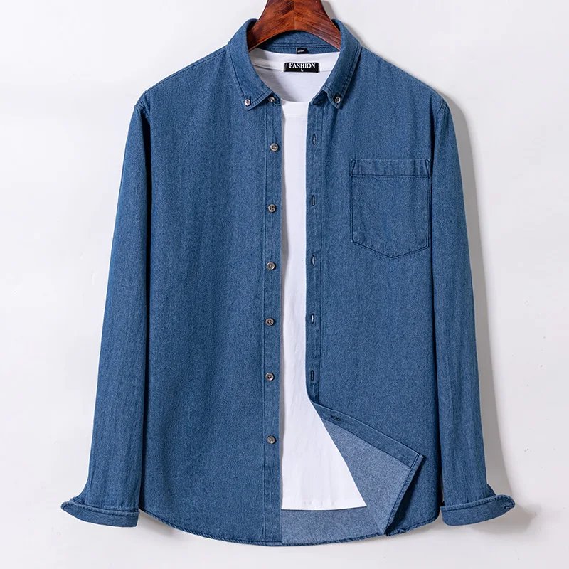 New Fashion Men's Denim Shirts Long Sleeve Elastic Cotton Pocket Solid Color Casual Quality Cowboy Slim Fit Shirts For Man