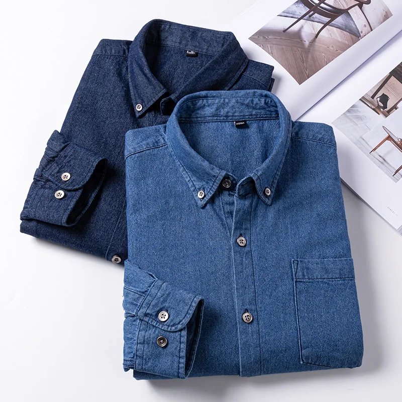 New Fashion Men's Denim Shirts Long Sleeve Elastic Cotton Pocket Solid Color Casual Quality Cowboy Slim Fit Shirts For Man