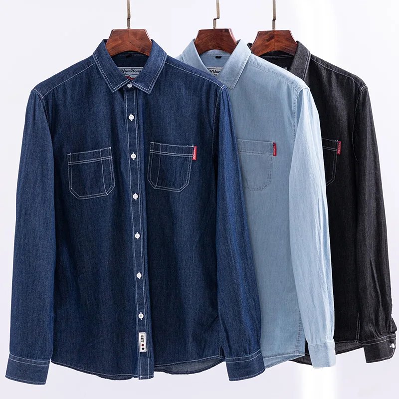 New Fashion Men's Denim Shirts Long Sleeve Elastic Cotton Pocket Solid Color Casual Quality Cowboy Slim Fit Shirts For Man