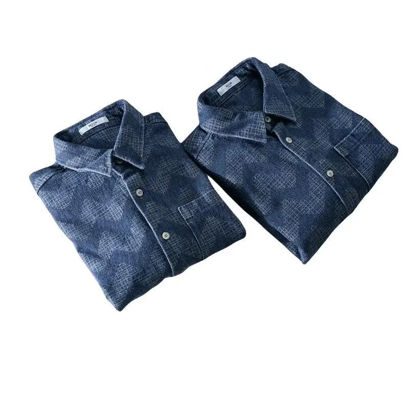 Spring Autumn Fashion Men's Printed Denim Cotton 100% Long Sleeve Shirt For Men Casual Turn-down Collar Cardigan Clothes Tops