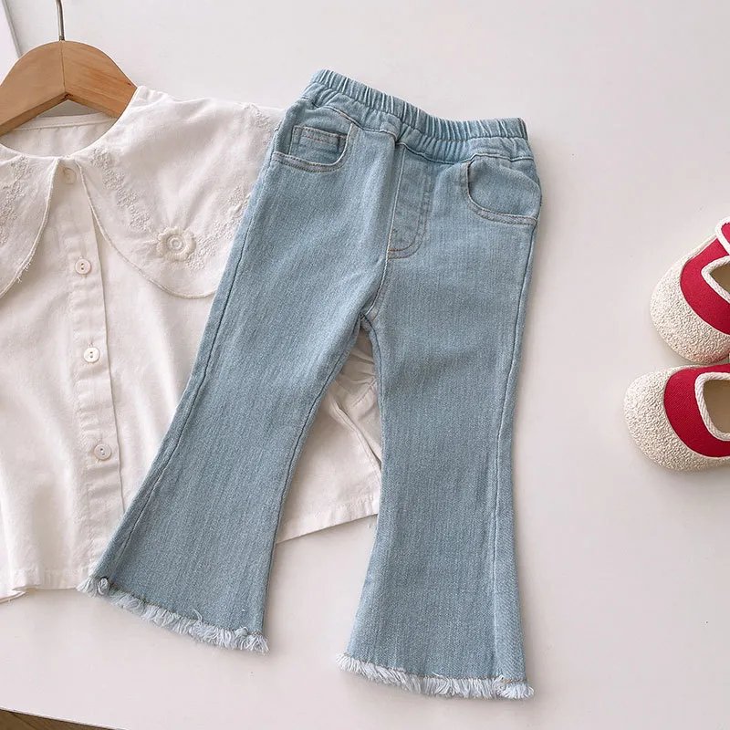 Girls Jeans Clothes High Waist Bell-bottoms Kids Pants Solid Color Baby Out Jeans For Children's Clothing Fashion Washing Water