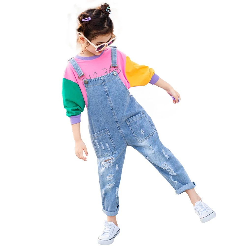 Girls Jumpsuit Denim Overalls for Kids Blue Adjustable Belts School Girls Suspenders Children Jeans Pants for Girl Denim Romper