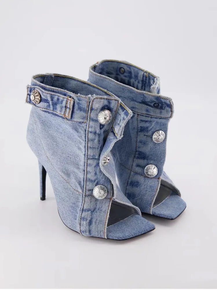 2023 Summer Brand New Pocket Design Fashion Denim High Heel Sandals Popular Charming Woman Shoes Comfort Slippers