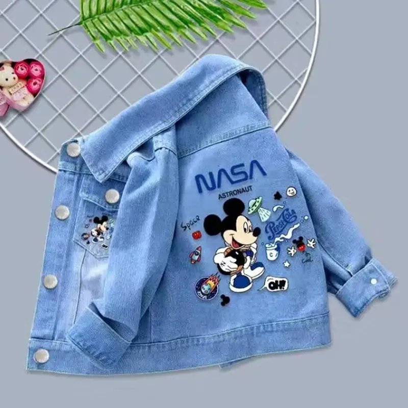 100% Cotton Baby Girls Denim Mickey Minnie Mouse Jacket Coat Children Kids Flower Printed Outerwear Clothes for 2 4 6 8 9y