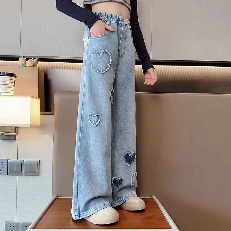 GIrls Pants Spring Girls' Jeans Fashion Love Fleece Denim Wide Legged Pants Children's Loose Outwear Autumn Long Pants 3-15Y