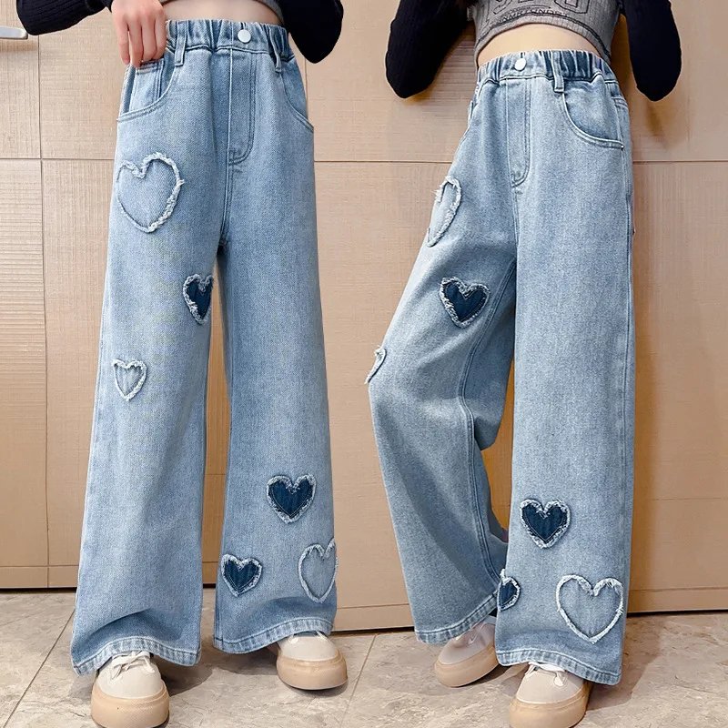 GIrls Pants Spring Girls' Jeans Fashion Love Fleece Denim Wide Legged Pants Children's Loose Outwear Autumn Long Pants 3-15Y