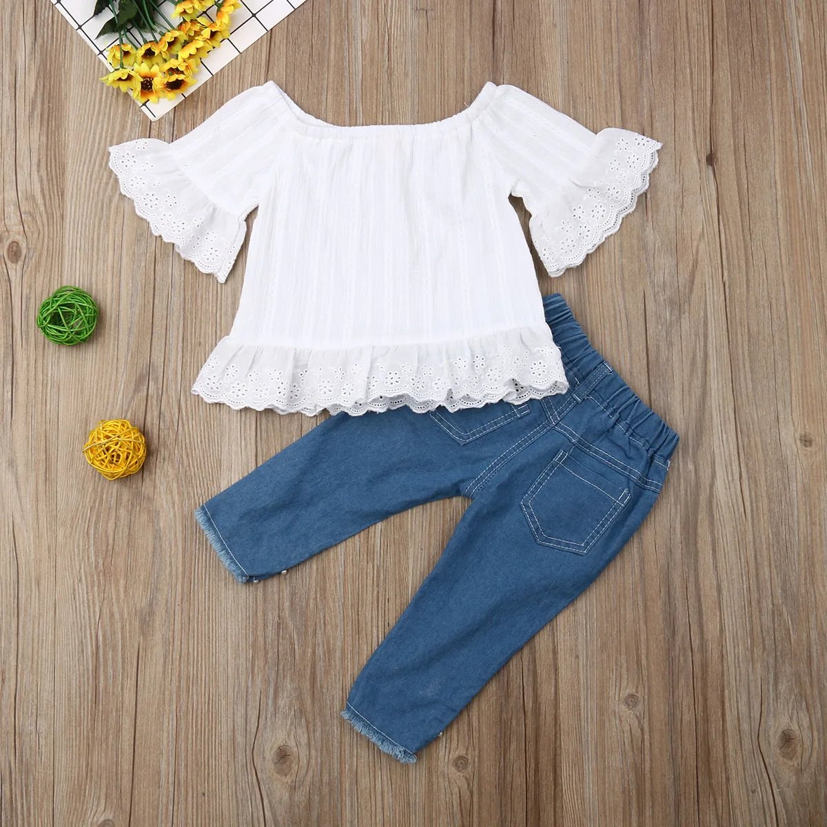 Toddler Kids Clothes Girls Ruffles Sleeve Off Shoulder Tops Denim Pants Trousers Fashion Outfits Clothes