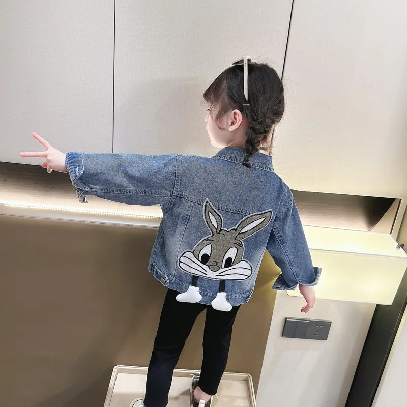 2-7 Years Girls Denim Jackets New Fashion Kids Embroidery Cartoon Rabbit Coat Autumn Children Outerwear Casual Girls Clothes