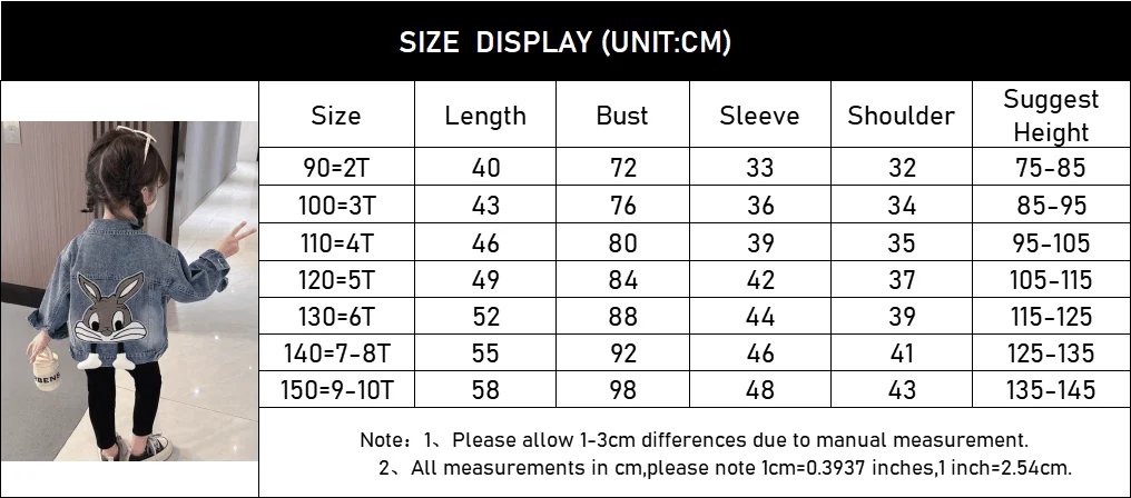 2-7 Years Girls Denim Jackets New Fashion Kids Embroidery Cartoon Rabbit Coat Autumn Children Outerwear Casual Girls Clothes