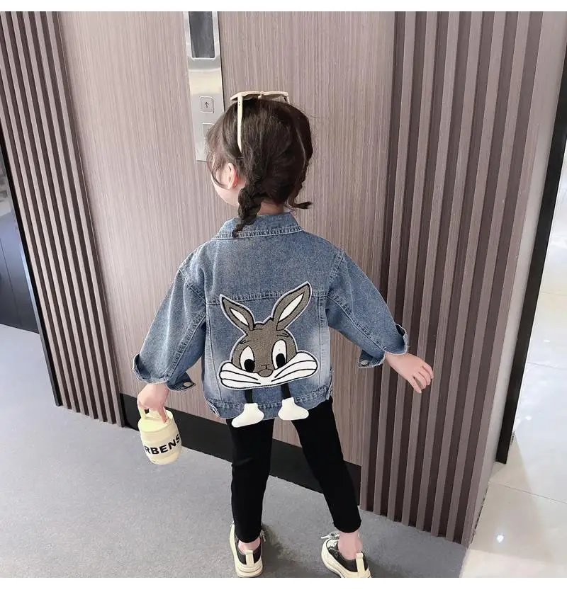 2-7 Years Girls Denim Jackets New Fashion Kids Embroidery Cartoon Rabbit Coat Autumn Children Outerwear Casual Girls Clothes