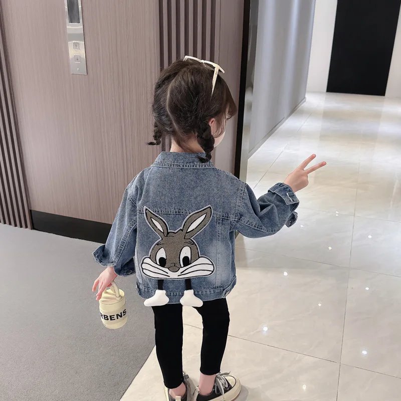 2-7 Years Girls Denim Jackets New Fashion Kids Embroidery Cartoon Rabbit Coat Autumn Children Outerwear Casual Girls Clothes