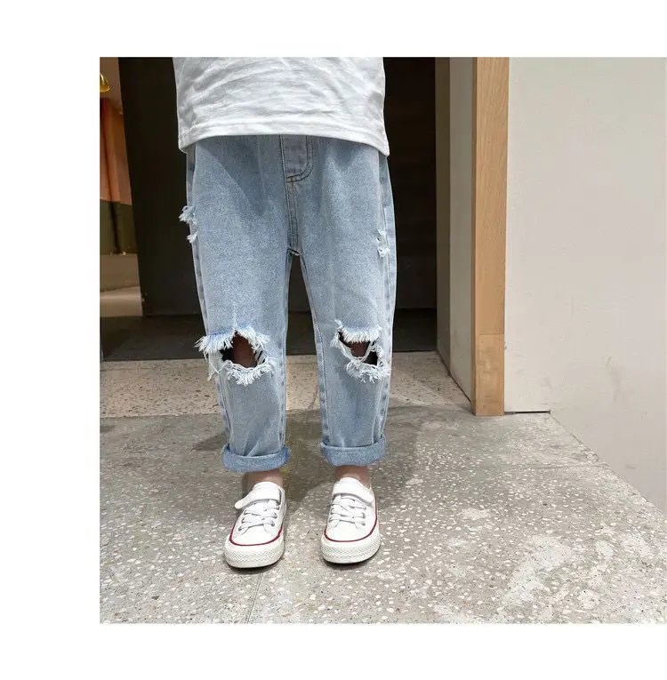90-140cm Fashion Autumn Summer Kids Hole Trousers Children Boy Handsome Torn Patch Jeans Girls Pants Worn Jeans for Loose 청바지