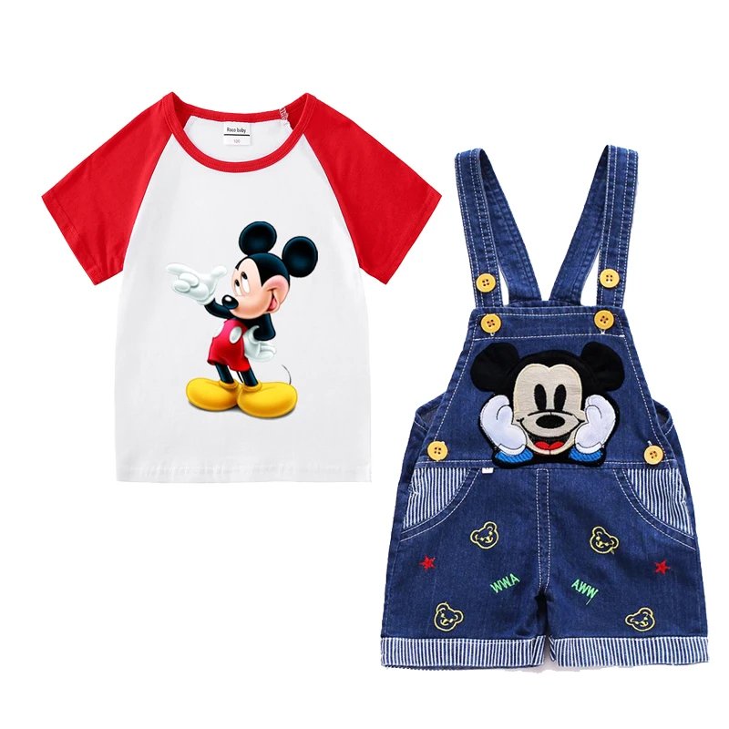 Baby Boy Clothes Mickey Mouse Suits Cotton T-shirt+ Belt Denim Shorts Infant Toddler Set 1-4 Years Boy Summer Clothing Set Ropa