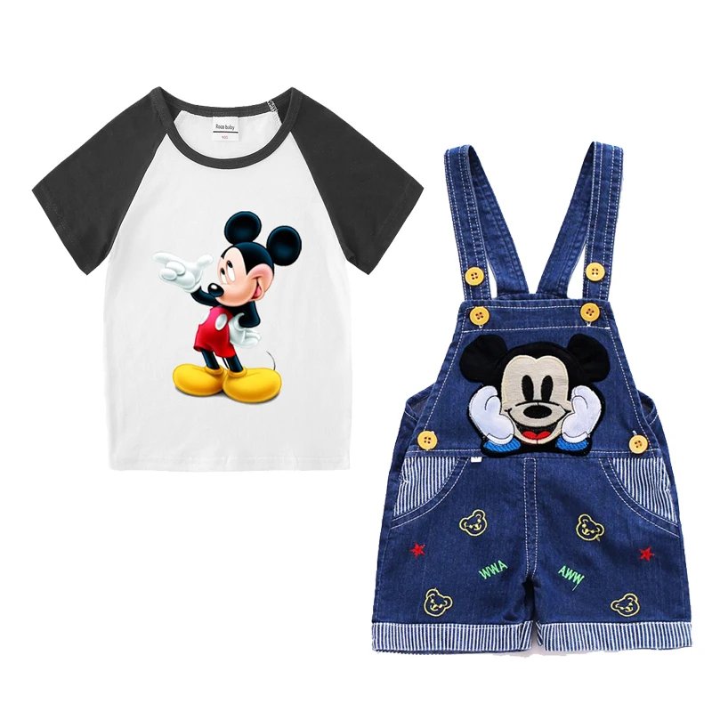 Baby Boy Clothes Mickey Mouse Suits Cotton T-shirt+ Belt Denim Shorts Infant Toddler Set 1-4 Years Boy Summer Clothing Set Ropa