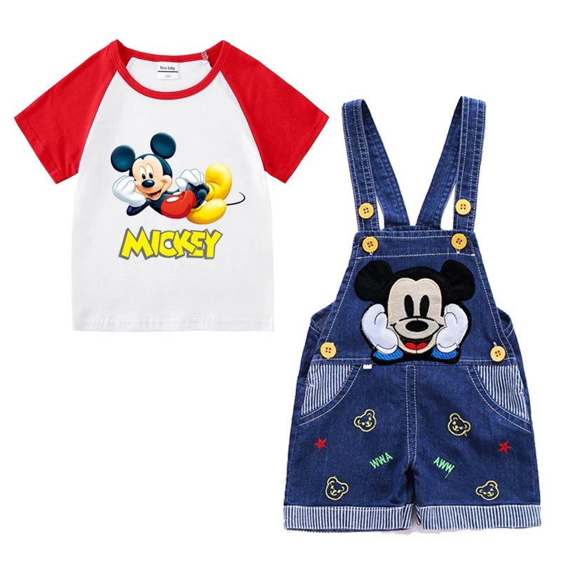 1-4 years Baby Boys Cartoon Mickey Cotton Short Sleeve T-shirt +Belt Denim Shorts Outfits Kids Toddler Boy Summer Clothes Set