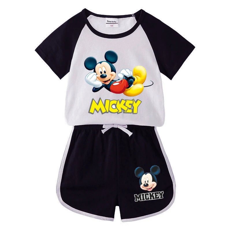 1-4 years Baby Boys Cartoon Mickey Cotton Short Sleeve T-shirt +Belt Denim Shorts Outfits Kids Toddler Boy Summer Clothes Set