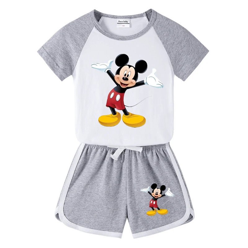 1-4 years Baby Boys Cartoon Mickey Cotton Short Sleeve T-shirt +Belt Denim Shorts Outfits Kids Toddler Boy Summer Clothes Set