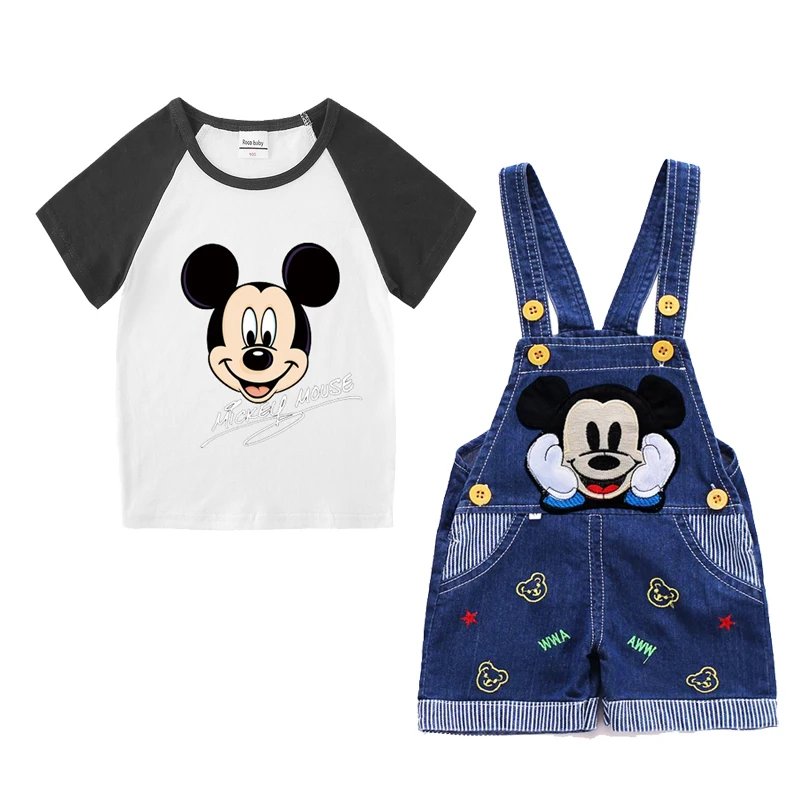 1-4 years Baby Boys Cartoon Mickey Cotton Short Sleeve T-shirt +Belt Denim Shorts Outfits Kids Toddler Boy Summer Clothes Set