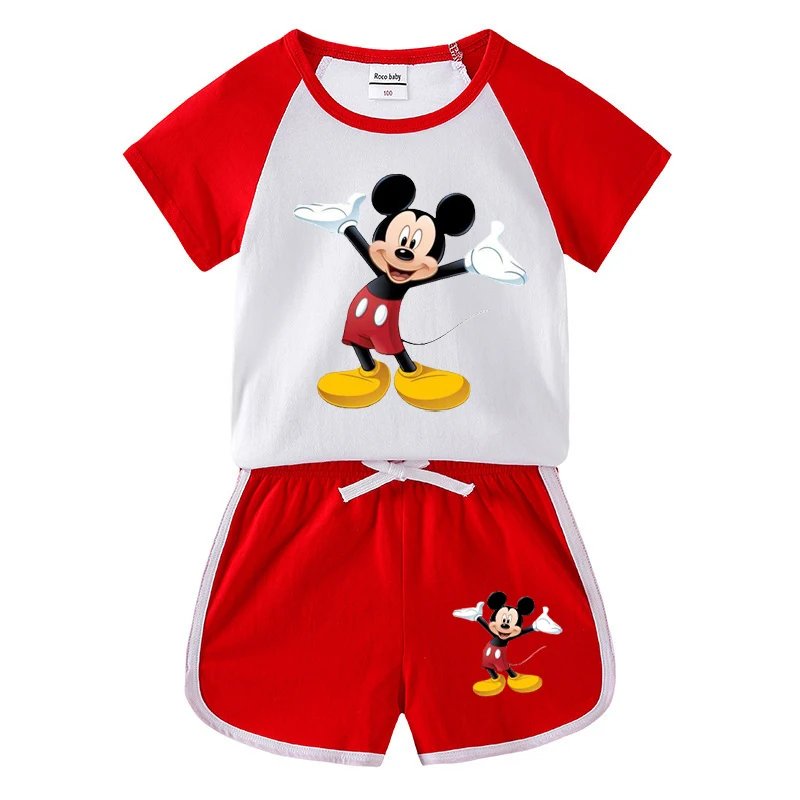 1-4 years Baby Boys Cartoon Mickey Cotton Short Sleeve T-shirt +Belt Denim Shorts Outfits Kids Toddler Boy Summer Clothes Set