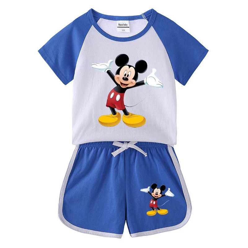 1-4 years Baby Boys Cartoon Mickey Cotton Short Sleeve T-shirt +Belt Denim Shorts Outfits Kids Toddler Boy Summer Clothes Set