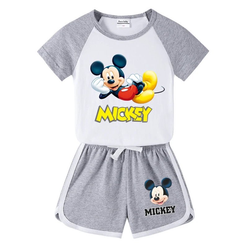 1-4 years Baby Boys Cartoon Mickey Cotton Short Sleeve T-shirt +Belt Denim Shorts Outfits Kids Toddler Boy Summer Clothes Set