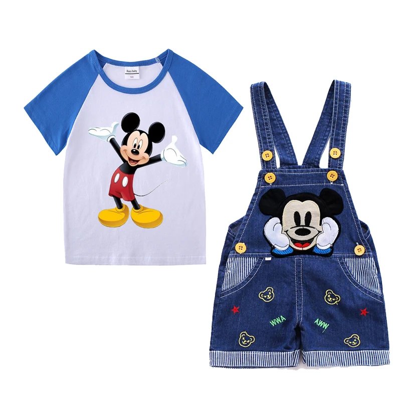 1-4 years Baby Boys Cartoon Mickey Cotton Short Sleeve T-shirt +Belt Denim Shorts Outfits Kids Toddler Boy Summer Clothes Set