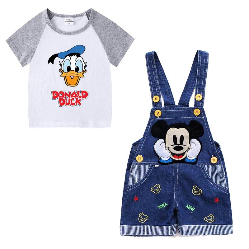 1-4 years Baby Boys Cartoon Mickey Cotton Short Sleeve T-shirt +Belt Denim Shorts Outfits Kids Toddler Boy Summer Clothes Set