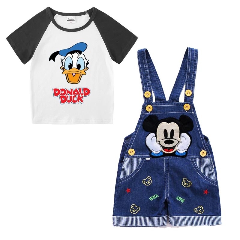 1-4 years Baby Boys Cartoon Mickey Cotton Short Sleeve T-shirt +Belt Denim Shorts Outfits Kids Toddler Boy Summer Clothes Set