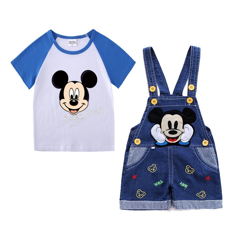 1-4 years Baby Boys Cartoon Mickey Cotton Short Sleeve T-shirt +Belt Denim Shorts Outfits Kids Toddler Boy Summer Clothes Set